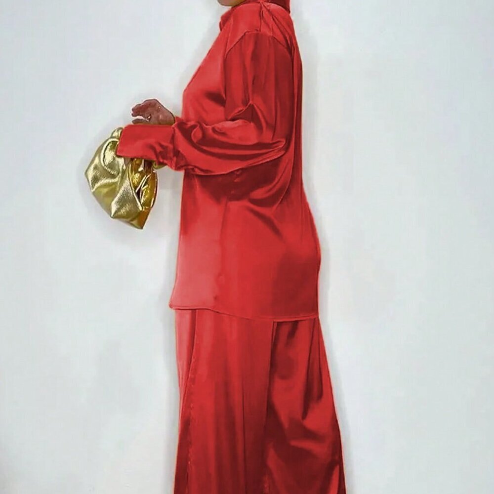 Red Casual Women's Long-Sleeved Satin Lapel Shoulder-Sleeved Shirt And Pants Set - Picture 2 of 3